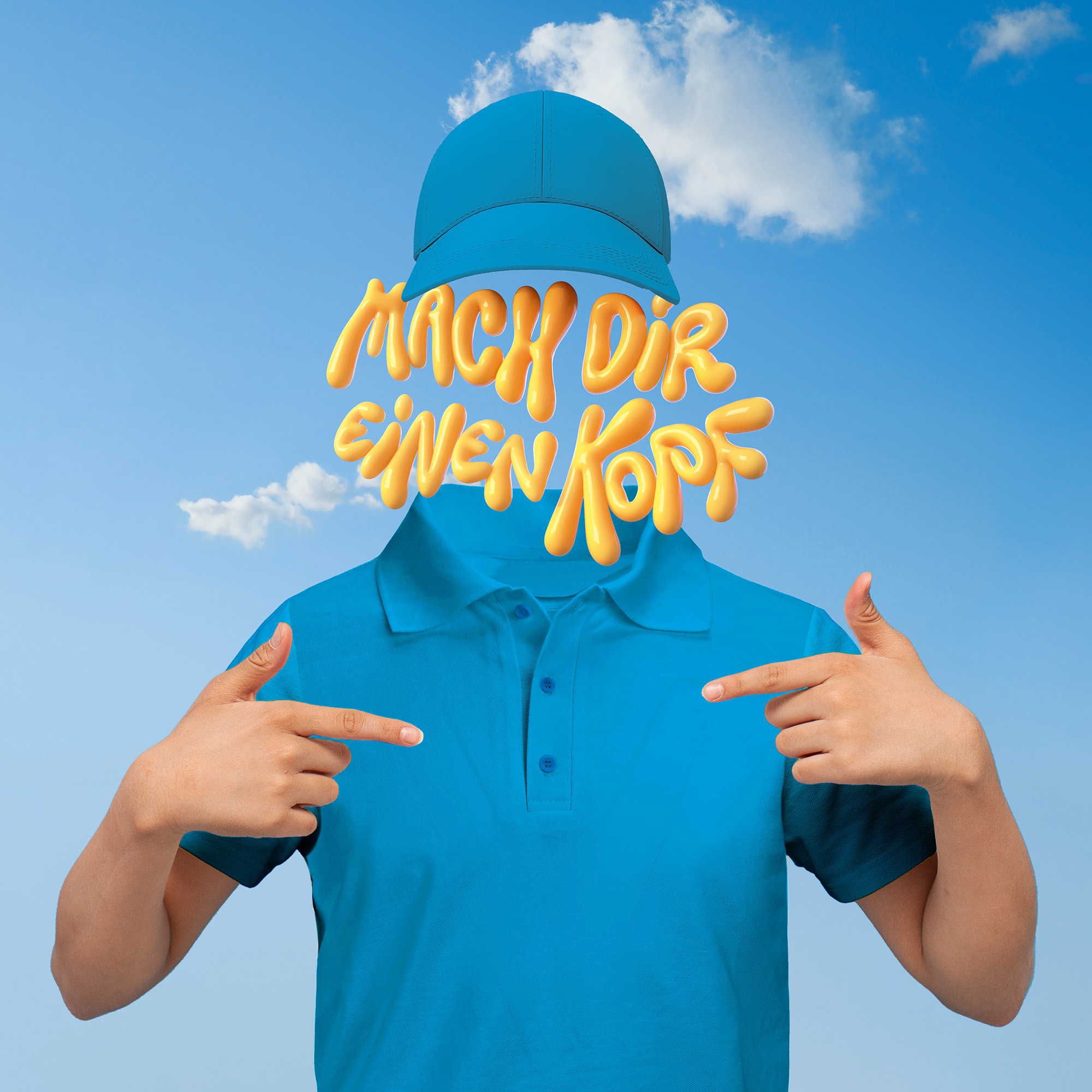 Keyvisual Physik: Person mit blauer Mütze, blauem Pulli und anstatt eines Kopfes die Schrift "Mach dir einen Kopf"